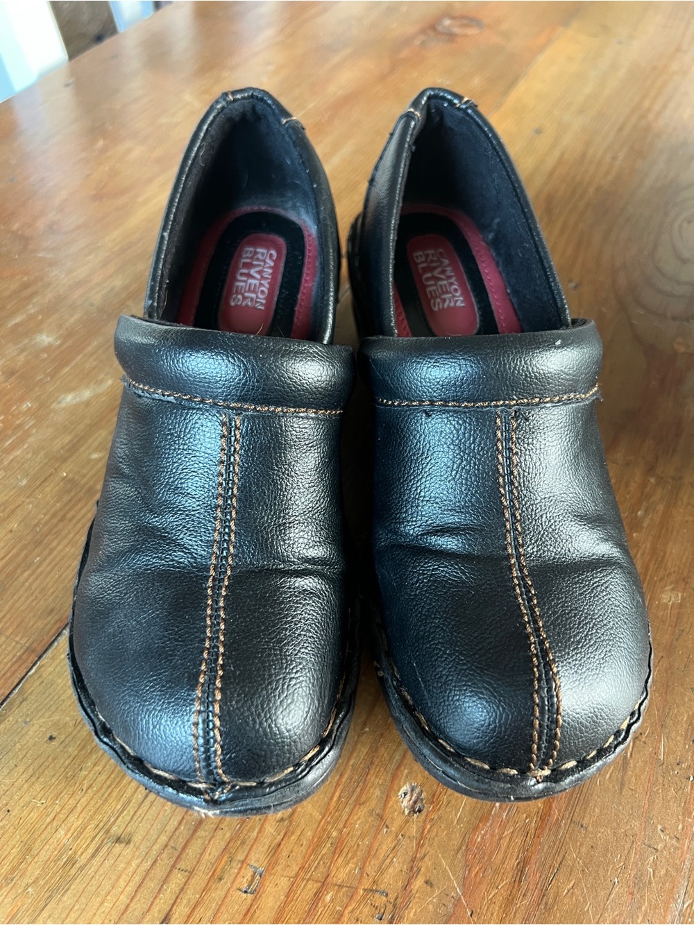 Canyon River Blues Black Leather Mules/clogs with Brown Topstitch Sz 7.5w - Picture 3 of 8